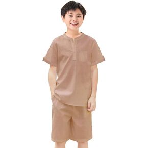 Boy's 2Pcs Short Set Cotton Linen Casual Henley Top Tee T-Shirts Short Sleeve Children Shorts Summer Outfits