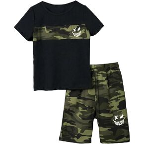 WDIRARA Boy's 2 Piece Outfits Graphic Print Short Sleeve Tee and Camo Print Shorts Set
