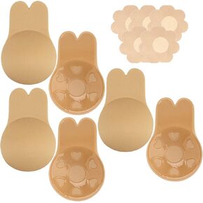 3 Pairs Invisible Sticky Bra - Adhesive Breast Lift Nipple Covers for Women Reusable Push Up Pasties with 5 Pcs Stickers Beige