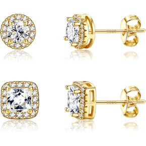 Cubic Zirconia Earrings Studs for Women Men - 6/8/10mm Hypoallergenic Earrings Sterling Silver Post - 18K Gold Plated Simulated Diamond CZ Halo Stud Earrings for Sensitive Ears 2/4Pairs