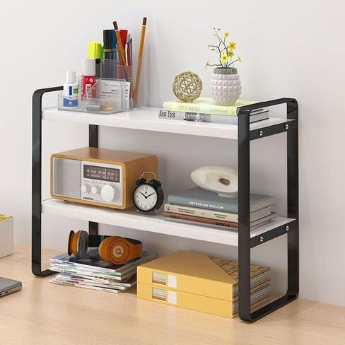 Desktop Organizer Shelf, 2-Tier Multipurpose Wood Office Desk Storage Rack,Small Computer Desk Bookshelf, Cubicle Decor Aesthetic Bookcase for Home Office (Black+White) in Saudi Arabia