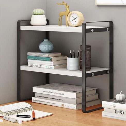 Desktop Organizer Shelf, 2-Tier Multipurpose Wood Office Desk Storage Rack,Small Computer Desk Bookshelf, Cubicle Decor Aesthetic Bookcase for Home Office (Black+White) in Saudi Arabia