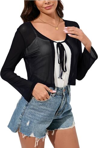 Women's Bolero Sheer Shrug Tie Front Crop Cardigan Lightweight Stretch Long Sleeve Summer Cover Up S-2XL in Saudi Arabia