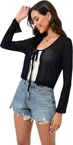 Women's Bolero Sheer Shrug Tie Front Crop Cardigan Lightweight Stretch Long Sleeve Summer Cover Up S-2XL in Saudi Arabia