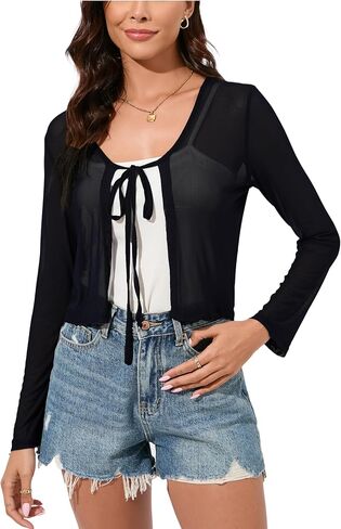Women's Bolero Sheer Shrug Tie Front Crop Cardigan Lightweight Stretch Long Sleeve Summer Cover Up S-2XL in Saudi Arabia