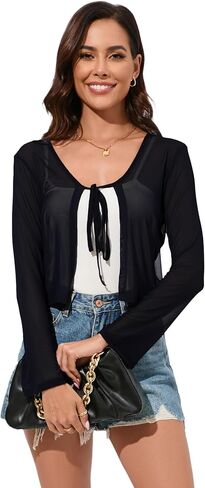 Women's Bolero Sheer Shrug Tie Front Crop Cardigan Lightweight Stretch Long Sleeve Summer Cover Up S-2XL in Saudi Arabia