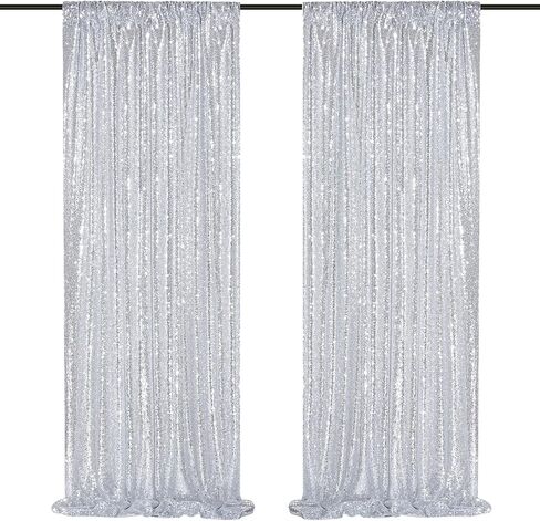 Silver Sequin Backdrop 2 Panels 2FTx8FT Christmas Party Backdrop Curtains | Glitter Photo Background for Wedding Baby Shower Event Birthday Stage Decorations，Sparkly 3MM sequins with 4 inch rod pockets in Saudi Arabia