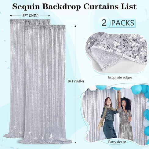 Silver Sequin Backdrop 2 Panels 2FTx8FT Christmas Party Backdrop Curtains | Glitter Photo Background for Wedding Baby Shower Event Birthday Stage Decorations，Sparkly 3MM sequins with 4 inch rod pockets in Saudi Arabia