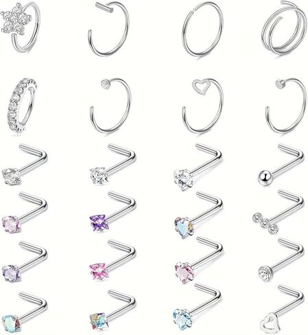 20G Stainless Steel Nose Rings, L Shaped Nose Studs and Nose Rings Hoops, Cute Heart Square CZ Nose Screw Piercing Jewelry 24Pcs Silver For Women in Saudi Arabia