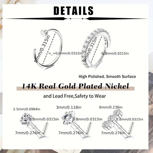 20G Stainless Steel Nose Rings, L Shaped Nose Studs and Nose Rings Hoops, Cute Heart Square CZ Nose Screw Piercing Jewelry 24Pcs Silver For Women in Saudi Arabia