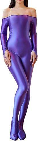 Womens Sexy Glossy Shiny Off Shoulder Long Sleeve Bodystocking Footed Jumpsuit Unitard Bodysuit in Saudi Arabia