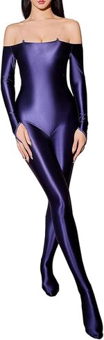 Womens Sexy Glossy Shiny Off Shoulder Long Sleeve Bodystocking Footed Jumpsuit Unitard Bodysuit in Saudi Arabia