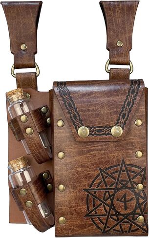 HiiFeuer Medieval Alchemy Faux Leather Belt Bag with 4 Cork Potion Vials, Fantasy Wizard Waist Pouch Side Pack for Ren Faire (Light Brown A) in Kuwait