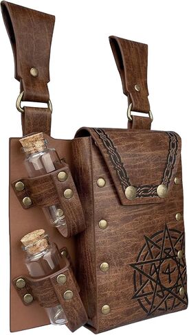 HiiFeuer Medieval Alchemy Faux Leather Belt Bag with 4 Cork Potion Vials, Fantasy Wizard Waist Pouch Side Pack for Ren Faire (Light Brown A) in Kuwait