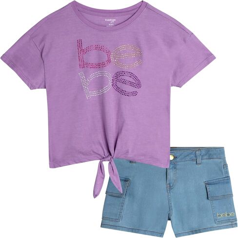 bebe Girls' Shorts Set - 2 Piece Rhinestone T-Shirt and Denim Cargo Shorts - Cute Trendy Summer Outfit for Girls (4-12) in Saudi Arabia