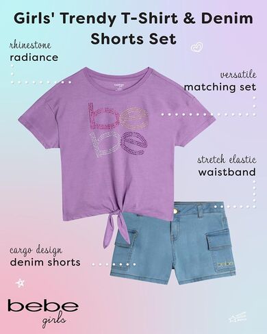 bebe Girls' Shorts Set - 2 Piece Rhinestone T-Shirt and Denim Cargo Shorts - Cute Trendy Summer Outfit for Girls (4-12) in Saudi Arabia