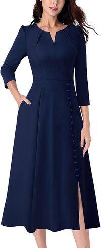 VFSHOW Womens Pleated Notch Neck Front Slit Buttons Pockets Office Business Work Slim Fit A-line Fit and Flare Midi Dress in Saudi Arabia