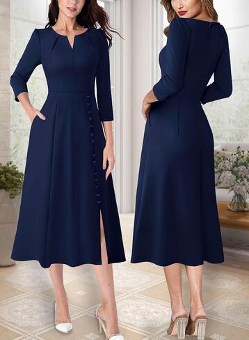 VFSHOW Womens Pleated Notch Neck Front Slit Buttons Pockets Office Business Work Slim Fit A-line Fit and Flare Midi Dress in Saudi Arabia