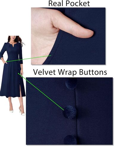 VFSHOW Womens Pleated Notch Neck Front Slit Buttons Pockets Office Business Work Slim Fit A-line Fit and Flare Midi Dress in Saudi Arabia