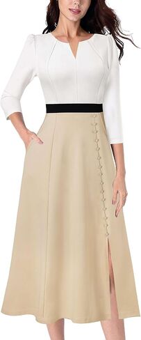 VFSHOW Womens Pleated Notch Neck Front Slit Buttons Pockets Office Business Work Slim Fit A-line Fit and Flare Midi Dress in Saudi Arabia