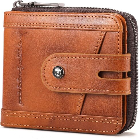 BULLCAPTAIN Genuine Leather Men's Wallet with Zipper Vintage RFID Blocking Large Capacity Wallet for Men with 14 Credit Card Slots and 1 ID Window T23 (Coffee) in Kuwait