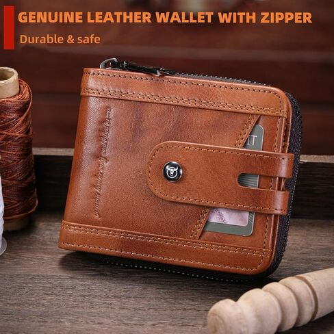 BULLCAPTAIN Genuine Leather Men's Wallet with Zipper Vintage RFID Blocking Large Capacity Wallet for Men with 14 Credit Card Slots and 1 ID Window T23 (Coffee) in Kuwait