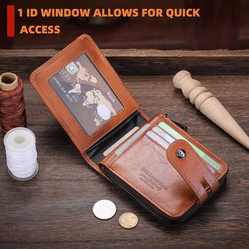 BULLCAPTAIN Genuine Leather Men's Wallet with Zipper Vintage RFID Blocking Large Capacity Wallet for Men with 14 Credit Card Slots and 1 ID Window T23 (Coffee) in Kuwait
