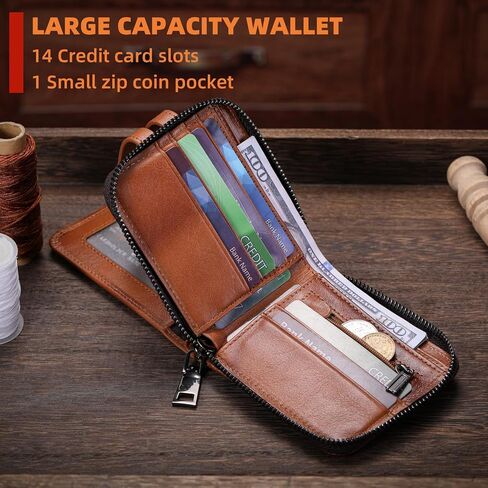 BULLCAPTAIN Genuine Leather Men's Wallet with Zipper Vintage RFID Blocking Large Capacity Wallet for Men with 14 Credit Card Slots and 1 ID Window T23 (Coffee) in Kuwait