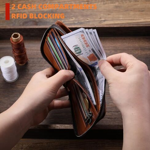 BULLCAPTAIN Genuine Leather Men's Wallet with Zipper Vintage RFID Blocking Large Capacity Wallet for Men with 14 Credit Card Slots and 1 ID Window T23 (Coffee) in Kuwait