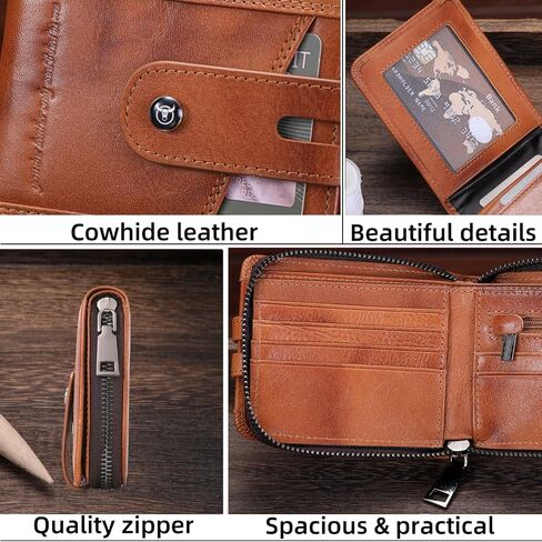 BULLCAPTAIN Genuine Leather Men's Wallet with Zipper Vintage RFID Blocking Large Capacity Wallet for Men with 14 Credit Card Slots and 1 ID Window T23 (Coffee) in Kuwait