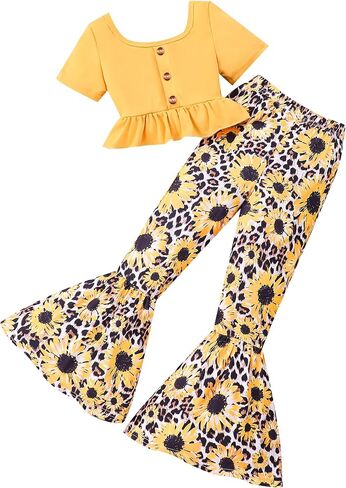 Girls 2PCS Outfits Ruffle Short Sleeve Tops and Floral & Butterfly Print Flared Wide Leg Pants Sets for 4-12Y in Saudi Arabia