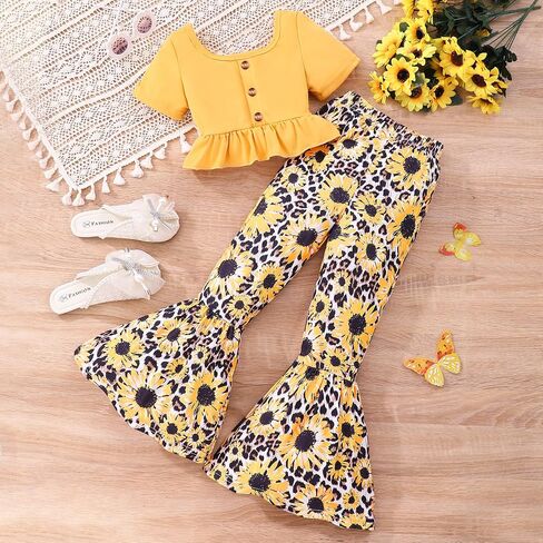 Girls 2PCS Outfits Ruffle Short Sleeve Tops and Floral & Butterfly Print Flared Wide Leg Pants Sets for 4-12Y in Saudi Arabia