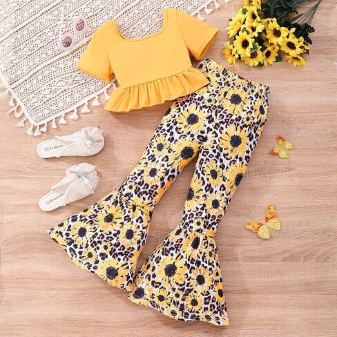 Girls 2PCS Outfits Ruffle Short Sleeve Tops and Floral & Butterfly Print Flared Wide Leg Pants Sets for 4-12Y in Saudi Arabia