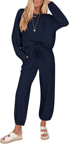 KIRUNDO Women's Fall 2 Piece Outfits Ribbed Knit Lounge Sets Long Sleeve Pullover Drawstring Jogger Pants Tracksuit Set in Saudi Arabia