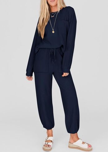 KIRUNDO Women's Fall 2 Piece Outfits Ribbed Knit Lounge Sets Long Sleeve Pullover Drawstring Jogger Pants Tracksuit Set in Saudi Arabia