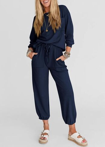 KIRUNDO Women's Fall 2 Piece Outfits Ribbed Knit Lounge Sets Long Sleeve Pullover Drawstring Jogger Pants Tracksuit Set in Saudi Arabia