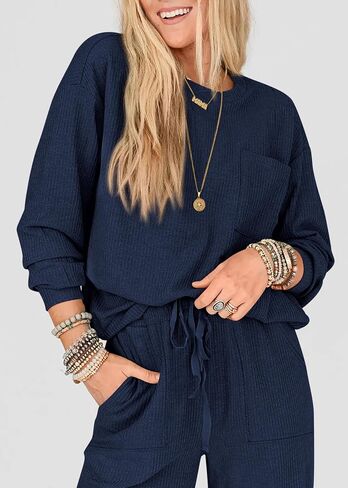 KIRUNDO Women's Fall 2 Piece Outfits Ribbed Knit Lounge Sets Long Sleeve Pullover Drawstring Jogger Pants Tracksuit Set in Saudi Arabia