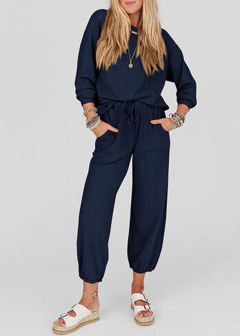 KIRUNDO Women's Fall 2 Piece Outfits Ribbed Knit Lounge Sets Long Sleeve Pullover Drawstring Jogger Pants Tracksuit Set in Saudi Arabia