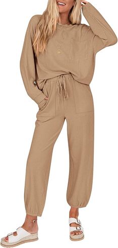 KIRUNDO Women's Fall 2 Piece Outfits Ribbed Knit Lounge Sets Long Sleeve Pullover Drawstring Jogger Pants Tracksuit Set in Saudi Arabia