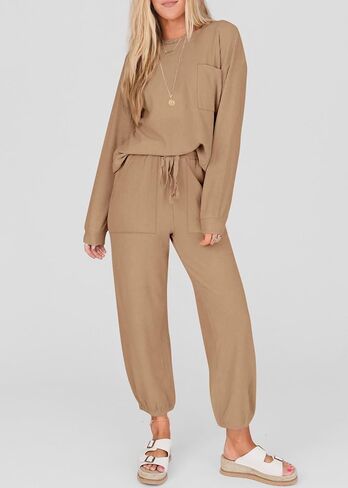 KIRUNDO Women's Fall 2 Piece Outfits Ribbed Knit Lounge Sets Long Sleeve Pullover Drawstring Jogger Pants Tracksuit Set in Saudi Arabia