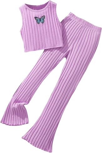 OYOANGLE Girl's 2 Piece Rib Knitted Outfits Graphic Print Sleeveless Tank Top and Flared Leg Pants Set in Saudi Arabia