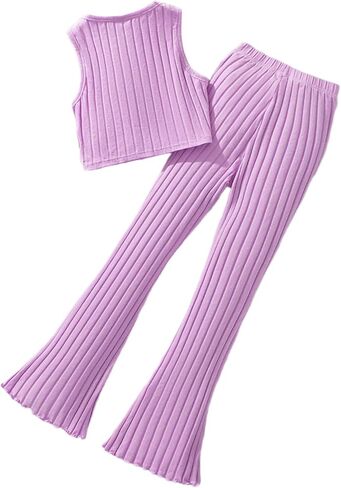 OYOANGLE Girl's 2 Piece Rib Knitted Outfits Graphic Print Sleeveless Tank Top and Flared Leg Pants Set in Saudi Arabia