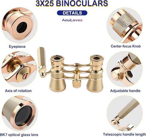 مناظير نظارات أوبرا 3 × 25 مدمجة وخفيفة الوزن مع نظارات مسرح مدمجة قابلة للطي، مقبض قابل للتعديل للبالغين والأطفال والنساء في الحفلات الموسيقية ودور الأوبرا (أسود) in Kuwait
