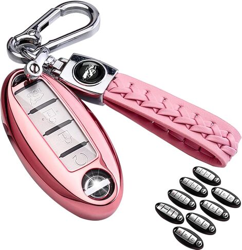 for Nissan Key Fob Cover Soft TPU 360 Degree Protection Key Case with Leather Keychain for Nissan Altima Maxima Murano Rogue Sentra 370z Pathfinder Smart Remote 2/3/4/5 Button Pink in Saudi Arabia