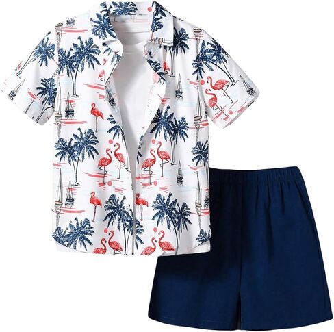 MakeMeChic Boy's 2 Piece Outfit Tropical Print Short Sleeve Button Down Shirt and Elastic Waist Shorts Set in Saudi Arabia