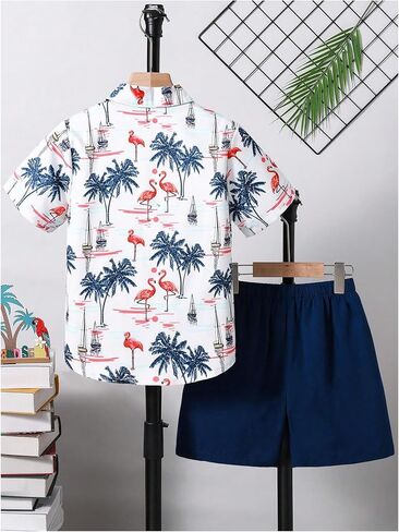 MakeMeChic Boy's 2 Piece Outfit Tropical Print Short Sleeve Button Down Shirt and Elastic Waist Shorts Set in Saudi Arabia