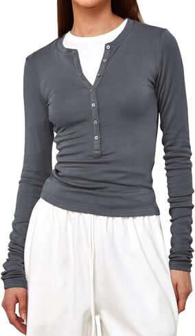 Womens Long Sleeve Henley Shirts Slim Fitted Basic Business Casual Button Down Trendy Tops 2024 Fall Knit T-Shirts in Saudi Arabia