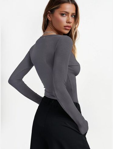 Womens Long Sleeve Henley Shirts Slim Fitted Basic Business Casual Button Down Trendy Tops 2024 Fall Knit T-Shirts in Saudi Arabia