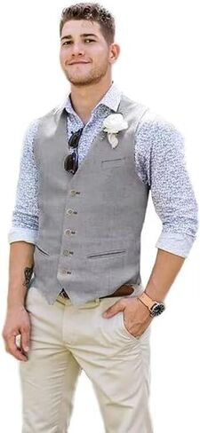 Men Suit Vest Linen Beige Beach Wedding Waistcoat Summer Casual Vest For Men Groomsmen Dress Vest in Saudi Arabia