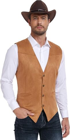 Century Star Men's Suede Leather Cowboy Vest Western Suit Casual Dress Wedding Slim Fit Waistcoat Renaissance Pirate Medieval in Saudi Arabia